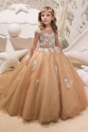 Ball Gown Round Collar Floor Length Court Tulle Applique Flower Girls Dress