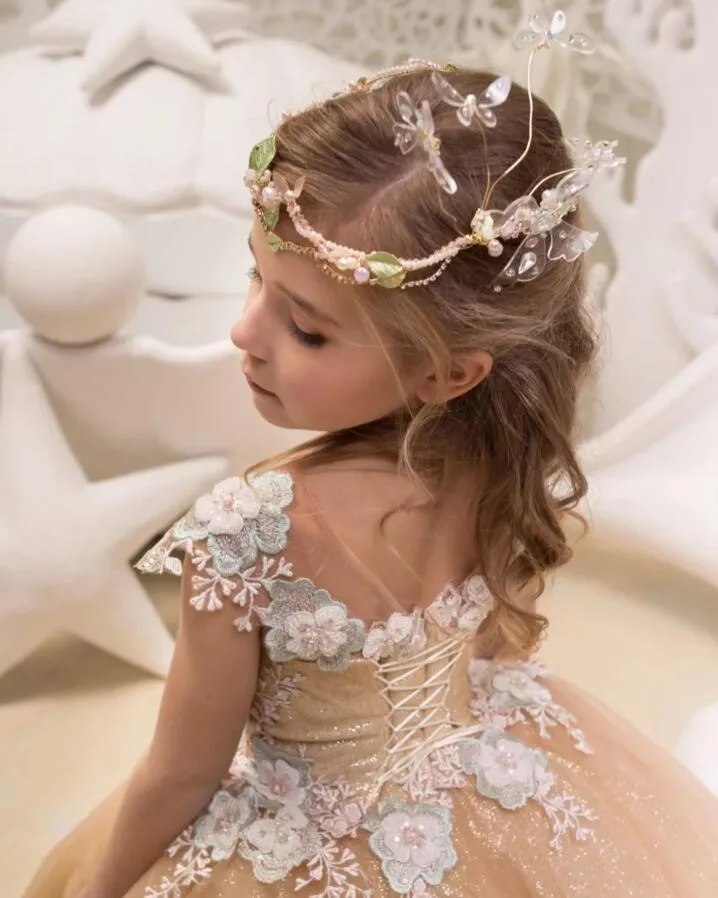 Ball Gown Round Collar Floor Length Court Tulle Applique Flower Girls Dress