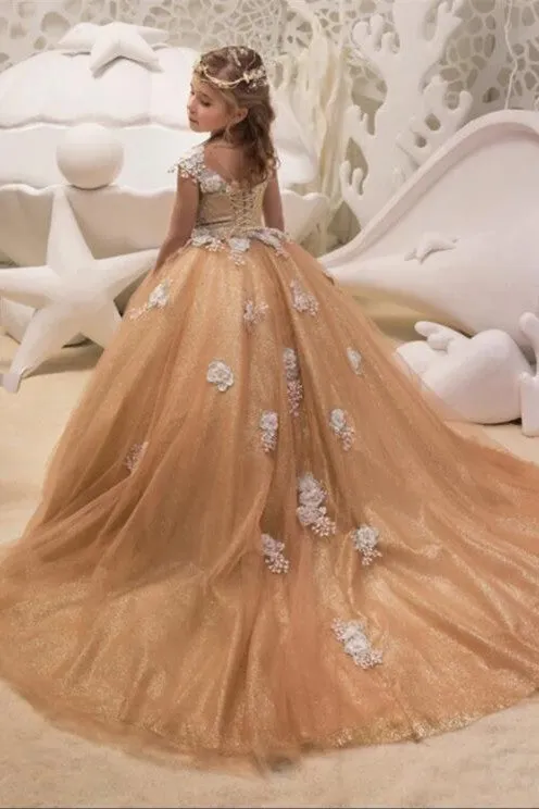 Ball Gown Round Collar Floor Length Court Tulle Applique Flower Girls Dress