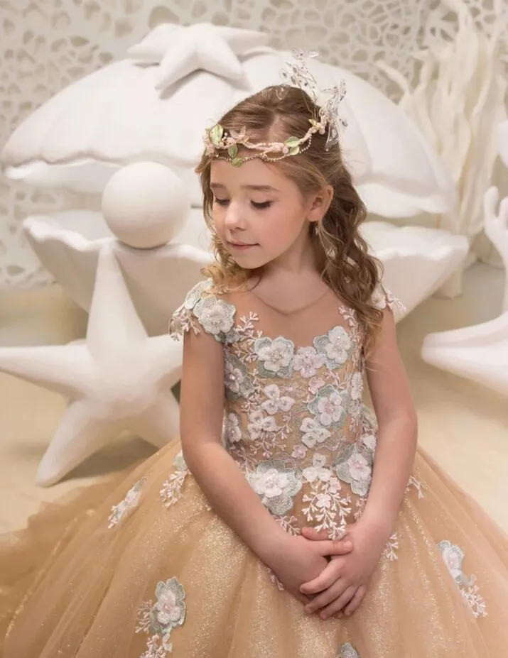 Ball Gown Round Collar Floor Length Court Tulle Applique Flower Girls Dress