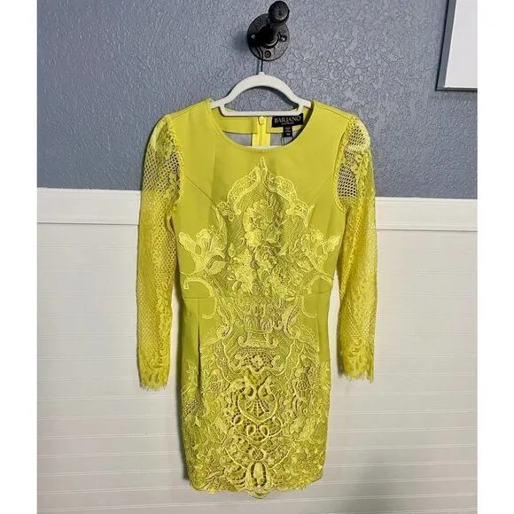 Bariano Yellow Long  Suede Dress with Lace