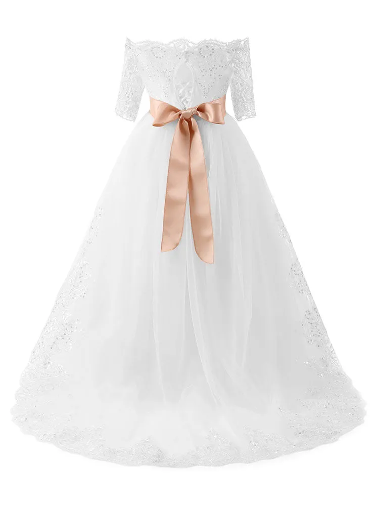 Bateau Neck Lace Half Sleeves Ankle Length Princess Bows Kids Formal Pageant Dresses