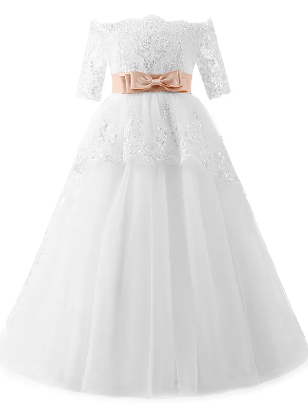 Bateau Neck Lace Half Sleeves Ankle Length Princess Bows Kids Formal Pageant Dresses