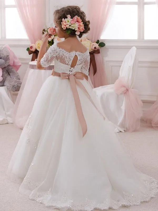 Bateau Neck Lace Half Sleeves Ankle Length Princess Bows Kids Formal Pageant Dresses