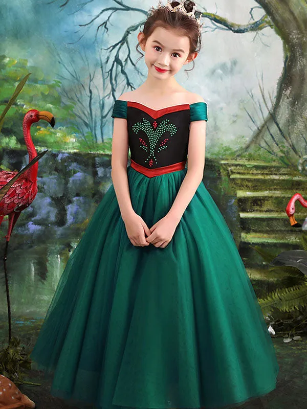 Bateau Neck Tulle Short Sleeves Tea Length Princess Studded Formal Kids Pageant flower girl dresses