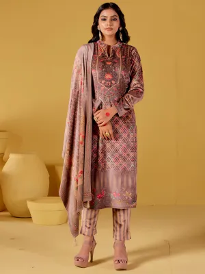 Beige Embellished Velvet Printed Kurta Set With Dupatta