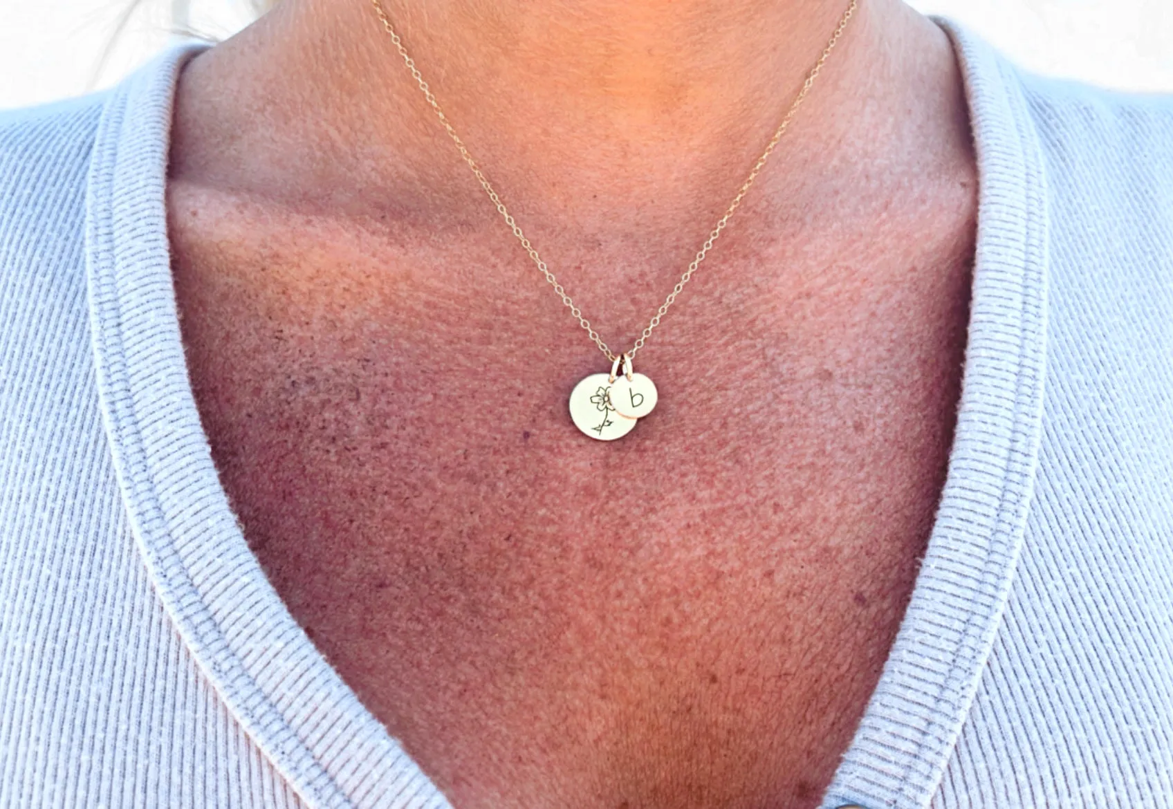 Birth Flower With Initial Disc Necklace