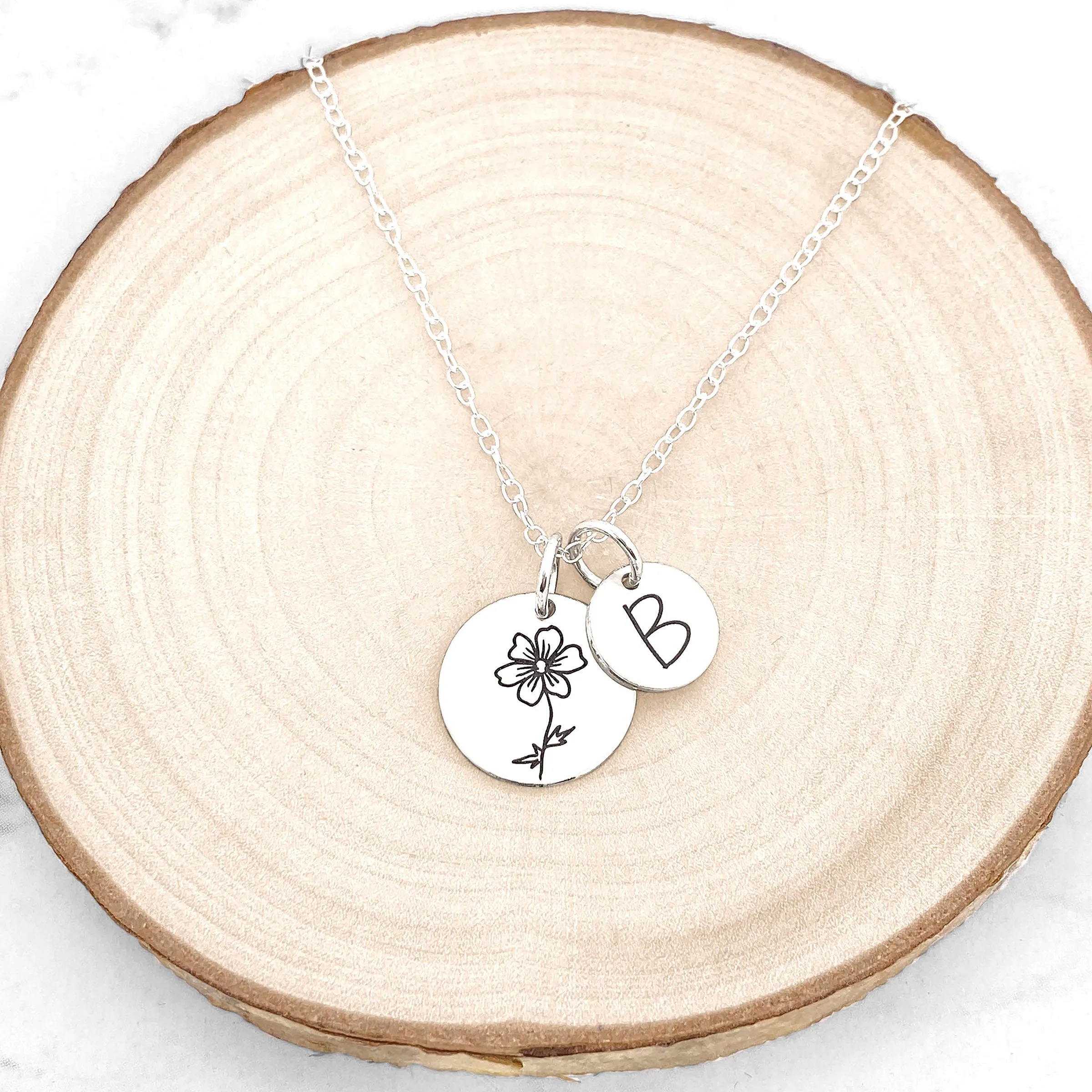 Birth Flower With Initial Disc Necklace