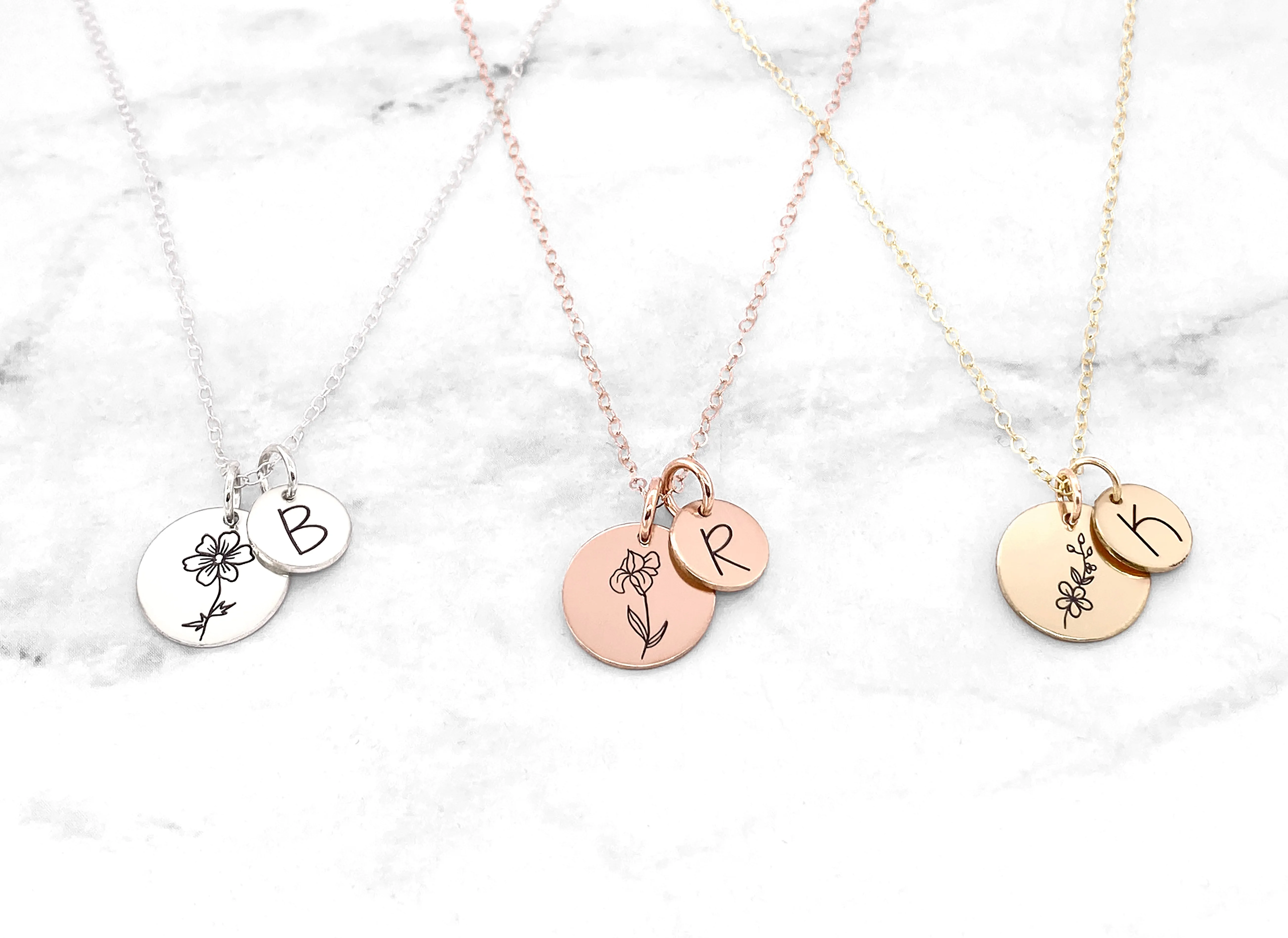 Birth Flower With Initial Disc Necklace