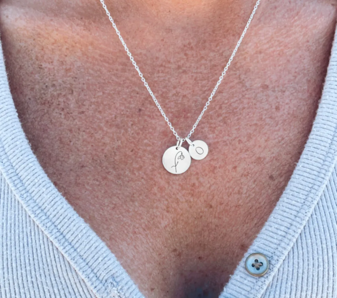 Birth Flower With Initial Disc Necklace