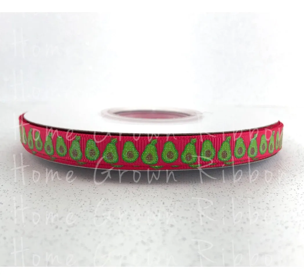 Bitty Avocado USDR 3/8 Inch Grosgrain Ribbon - Pink - White - Avocado Collection