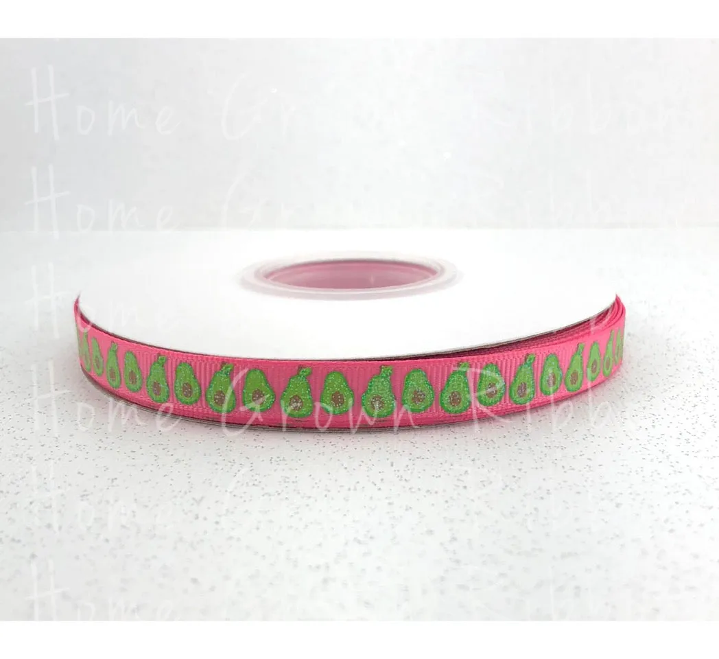 Bitty Avocado USDR 3/8 Inch Grosgrain Ribbon - Pink - White - Avocado Collection