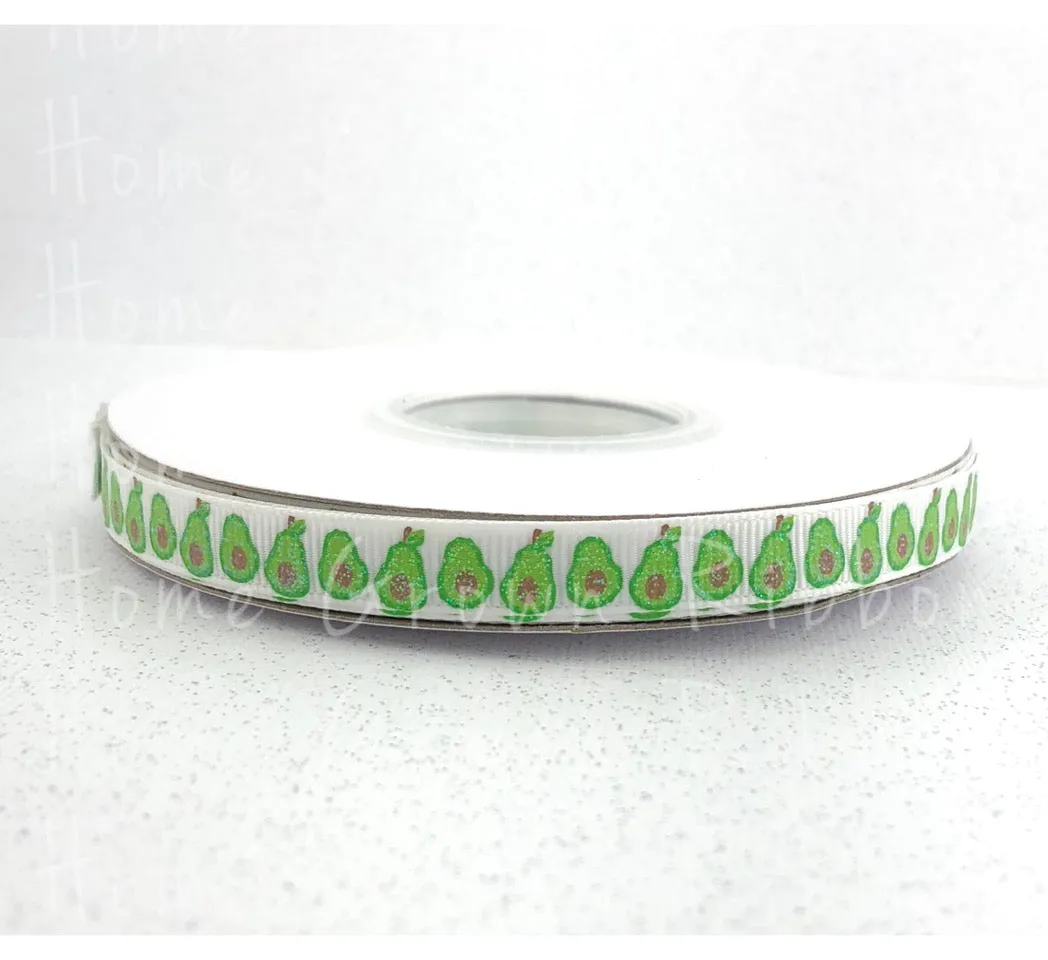 Bitty Avocado USDR 3/8 Inch Grosgrain Ribbon - Pink - White - Avocado Collection