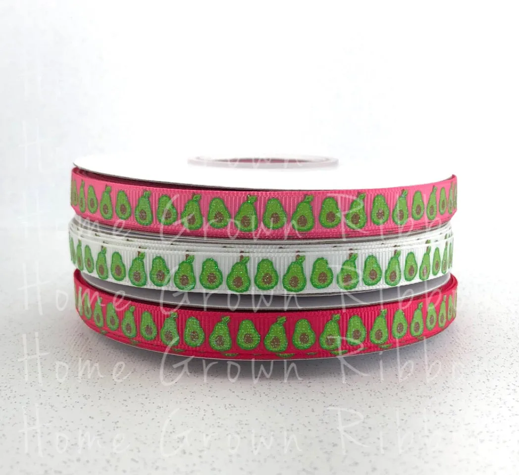Bitty Avocado USDR 3/8 Inch Grosgrain Ribbon - Pink - White - Avocado Collection