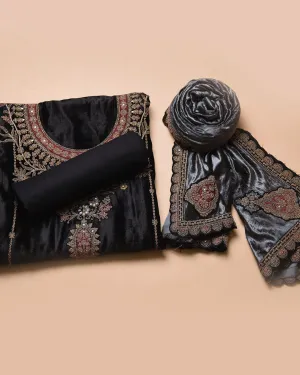 Black Fine Velvet Embroidered Unstitched Suit Fabric Set With Velvet Dupatta
