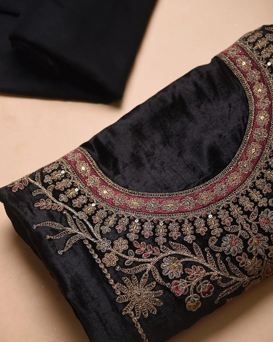 Black Fine Velvet Embroidered Unstitched Suit Fabric Set With Velvet Dupatta