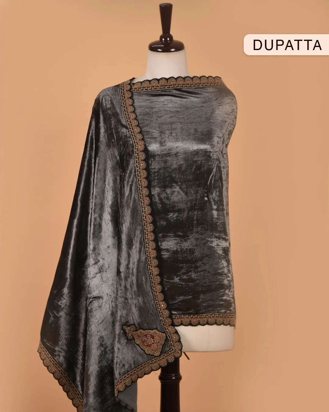 Black Fine Velvet Embroidered Unstitched Suit Fabric Set With Velvet Dupatta