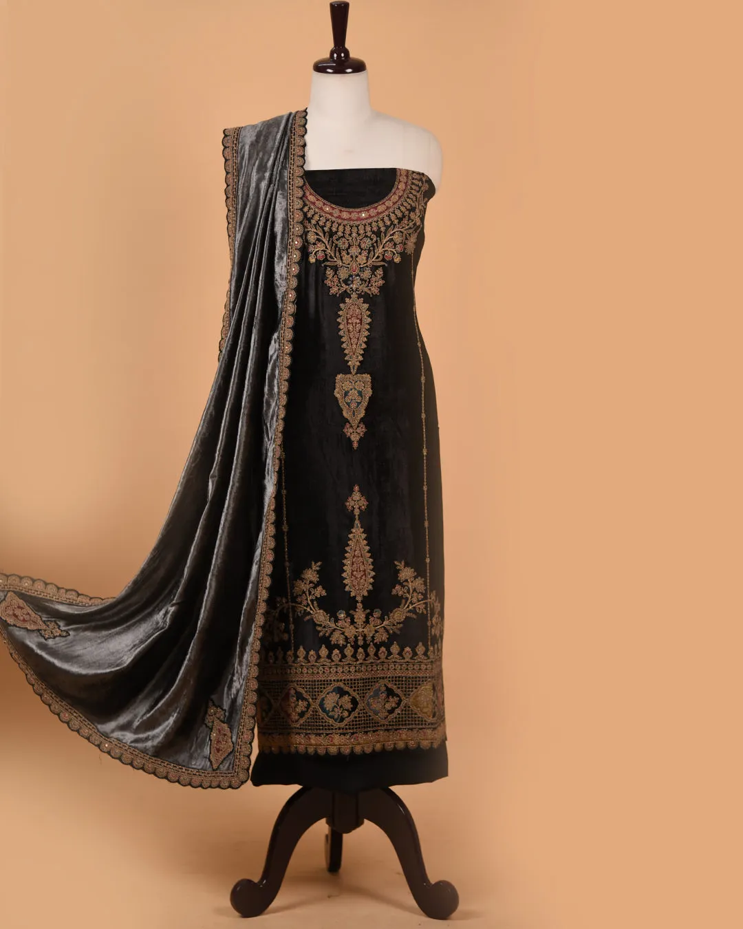 Black Fine Velvet Embroidered Unstitched Suit Fabric Set With Velvet Dupatta