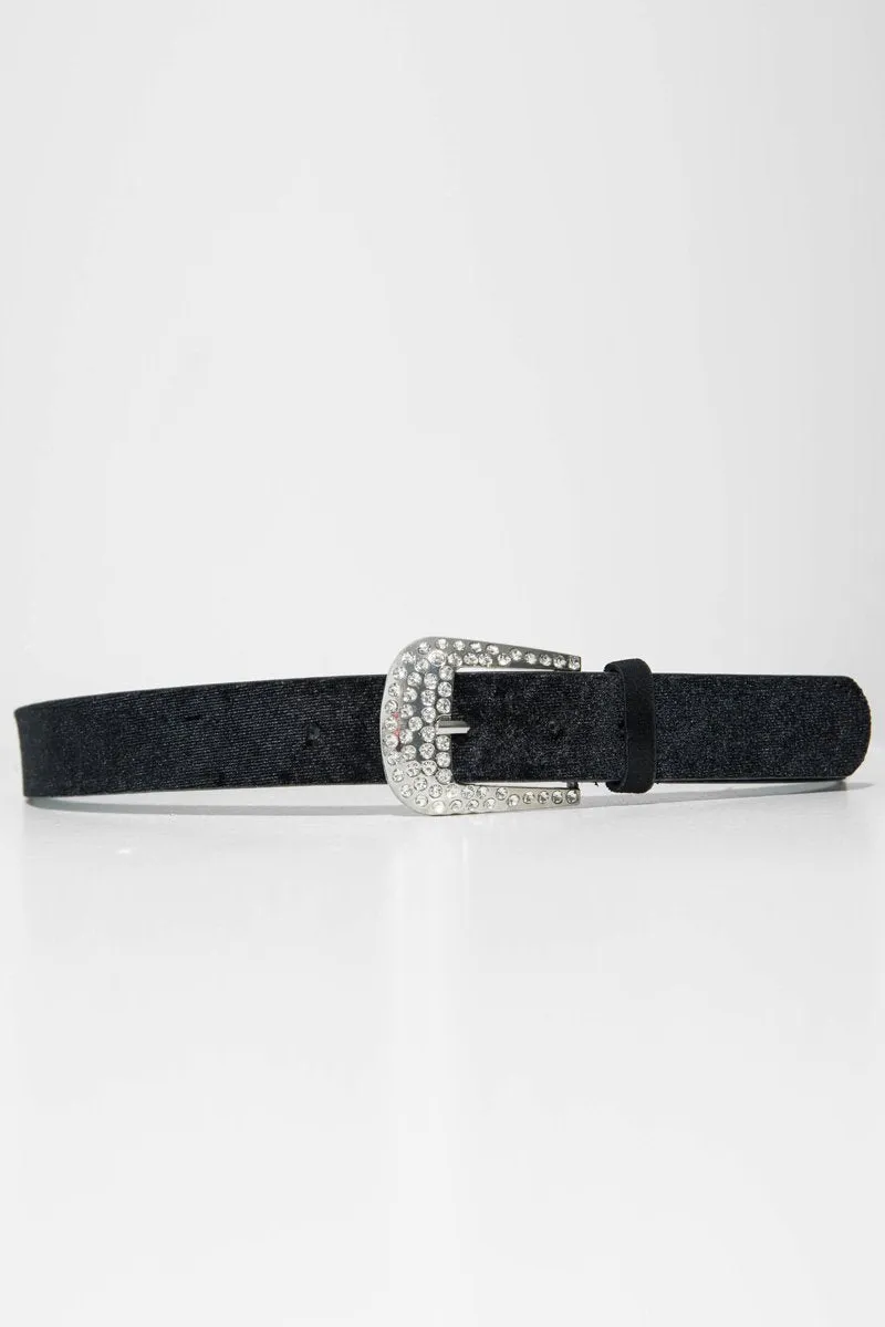 Black Velvet Diamante Western Buckle Belt - Daksha