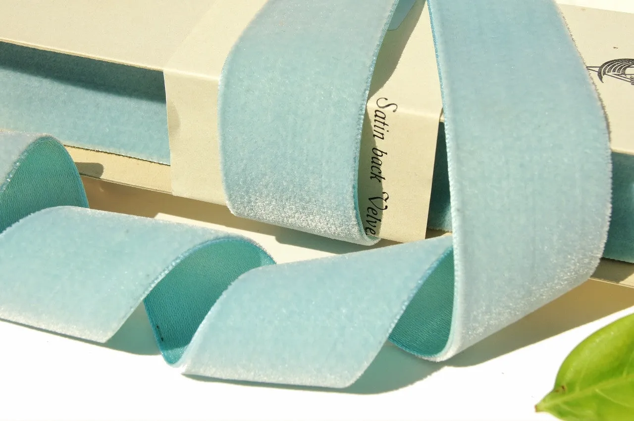 Blue Peppermint Satin Back Velvet Ribbon Vintage from Switzerland 40mm