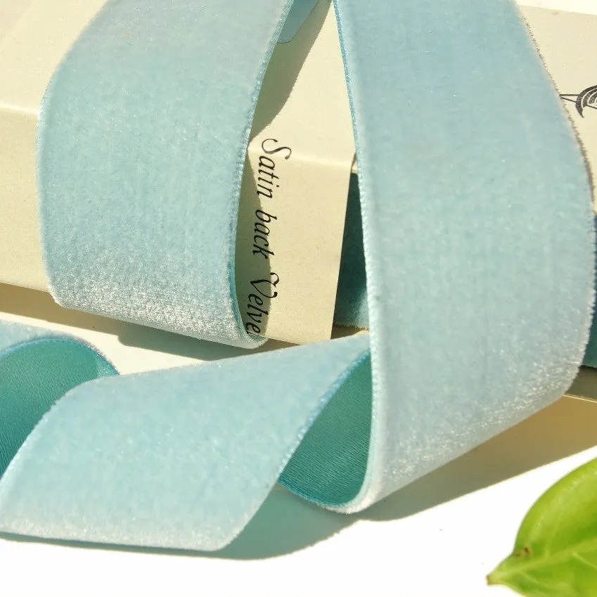 Blue Peppermint Satin Back Velvet Ribbon Vintage from Switzerland 40mm