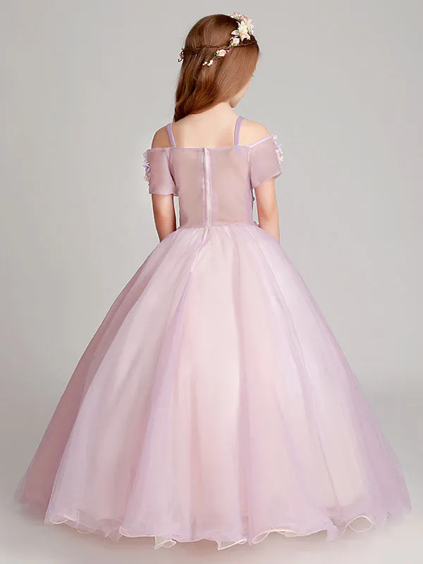 Blush Pink Off The Shoulder Applique Back Illusion Floor Length Kids Pageant flower girl dresses