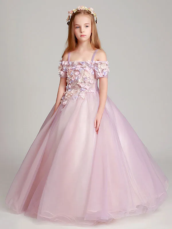 Blush Pink Off The Shoulder Applique Back Illusion Floor Length Kids Pageant flower girl dresses