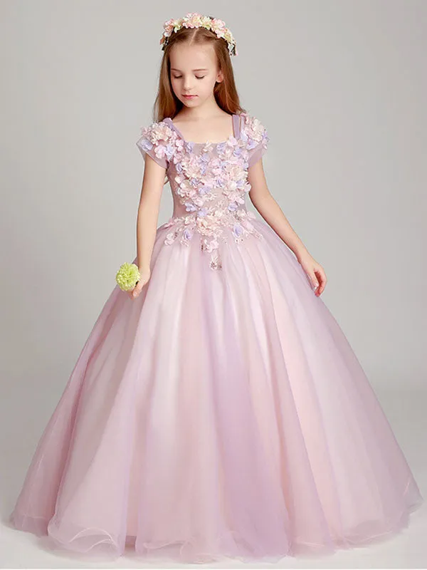 Blush Pink Off The Shoulder Applique Back Illusion Floor Length Kids Pageant flower girl dresses