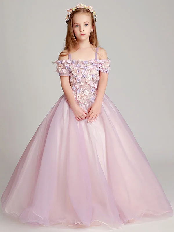 Blush Pink Off The Shoulder Applique Back Illusion Floor Length Kids Pageant flower girl dresses