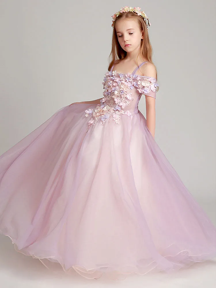 Blush Pink Off The Shoulder Applique Back Illusion Floor Length Kids Pageant flower girl dresses