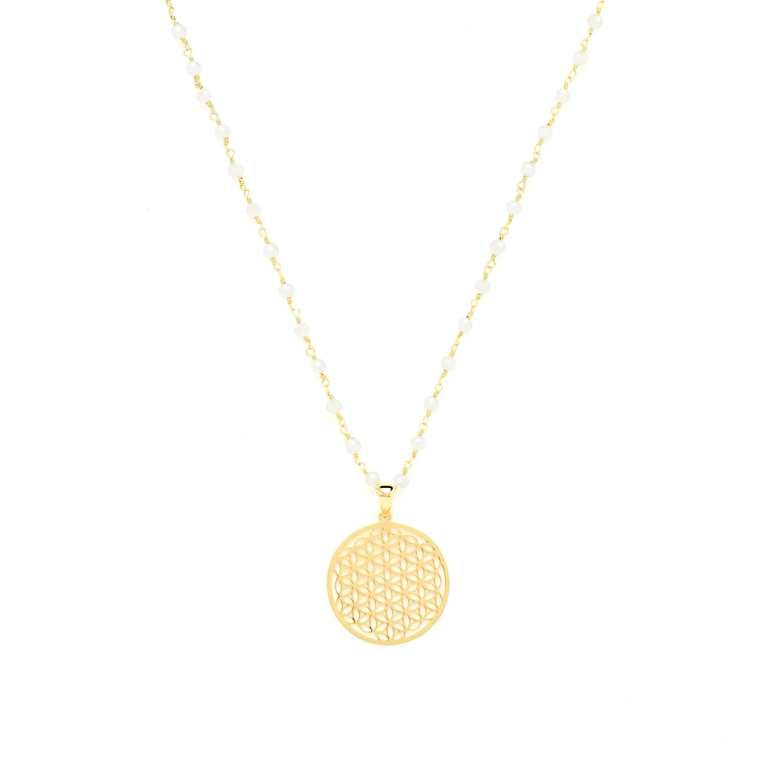 Body Mind Balance, Flower of Life Necklace, White Chalcedony, 18K Gold Vermeil