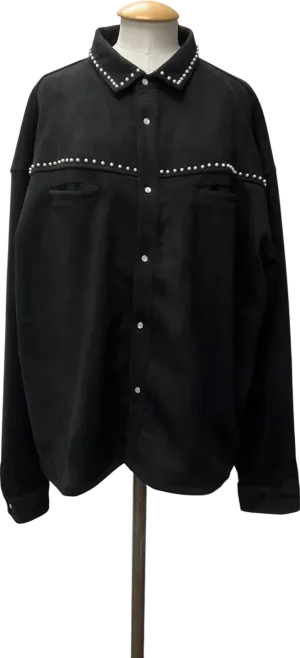 boohooMan Black Oversized Western Faux Suede Embellished Overshirt UK XL