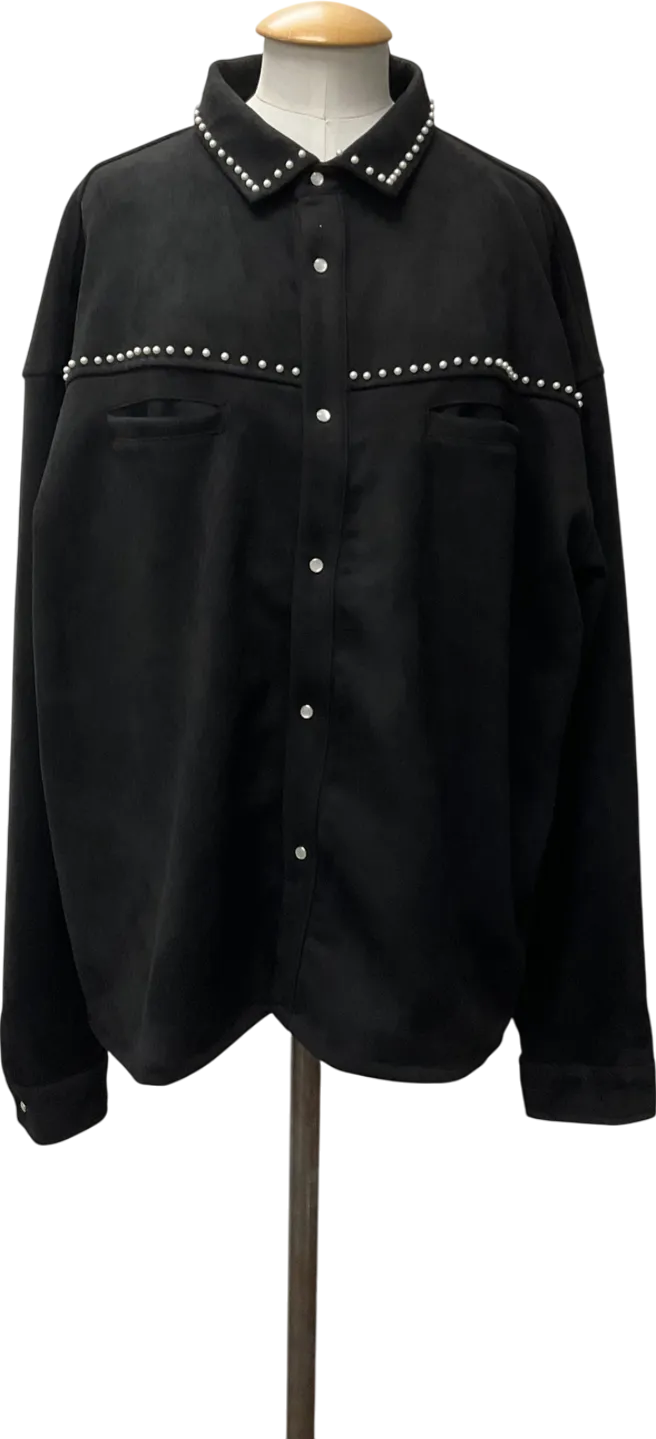 boohooMan Black Oversized Western Faux Suede Embellished Overshirt UK XL
