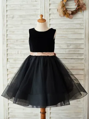 Bows Sleeveless Jewel Neck Black Formal Kids Party Dresses