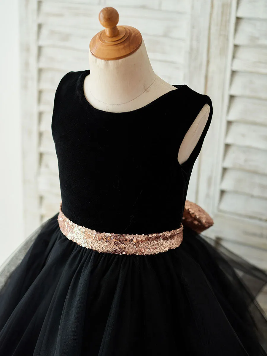 Bows Sleeveless Jewel Neck Black Formal Kids Party Dresses