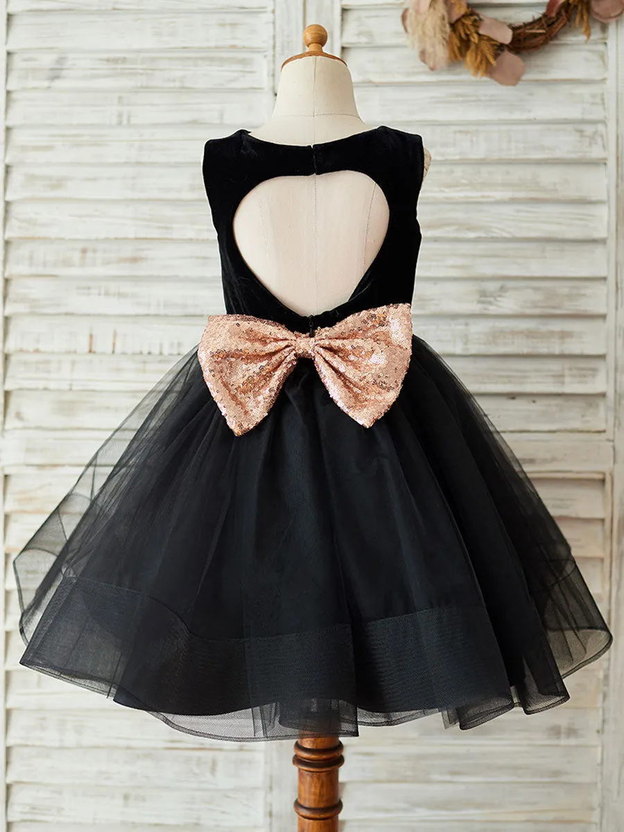 Bows Sleeveless Jewel Neck Black Formal Kids Party Dresses