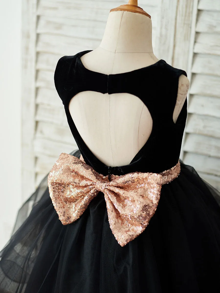 Bows Sleeveless Jewel Neck Black Formal Kids Party Dresses