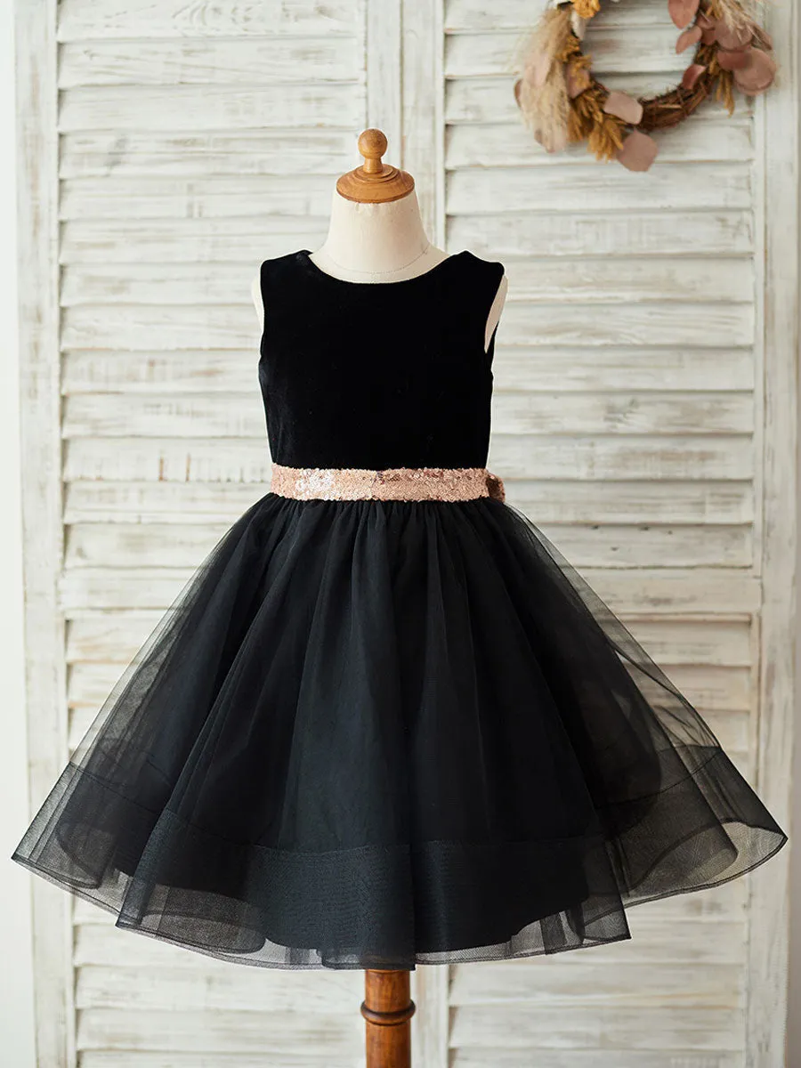 Bows Sleeveless Jewel Neck Black Formal Kids Party Dresses