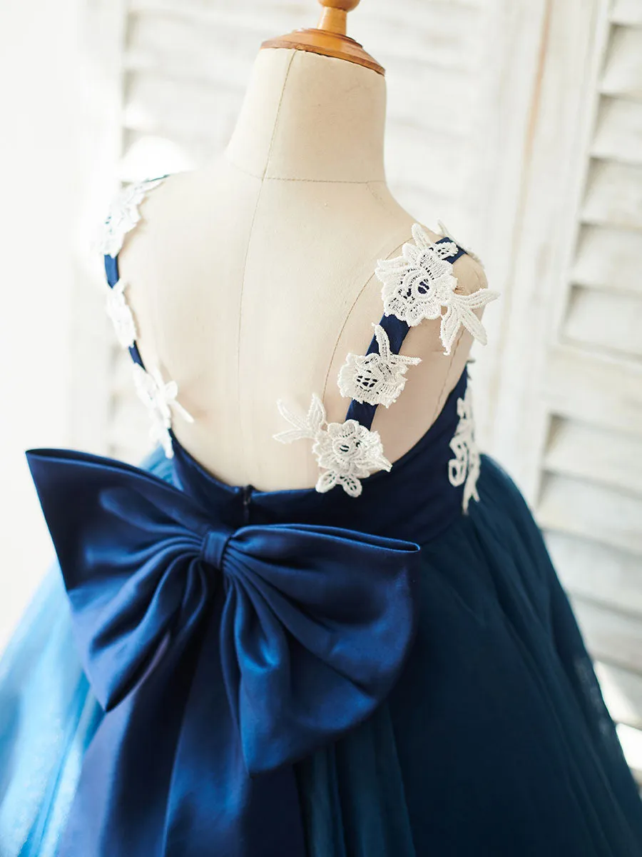 Bows Sleeveless V-Neck Dark Navy Kids Party Dresses