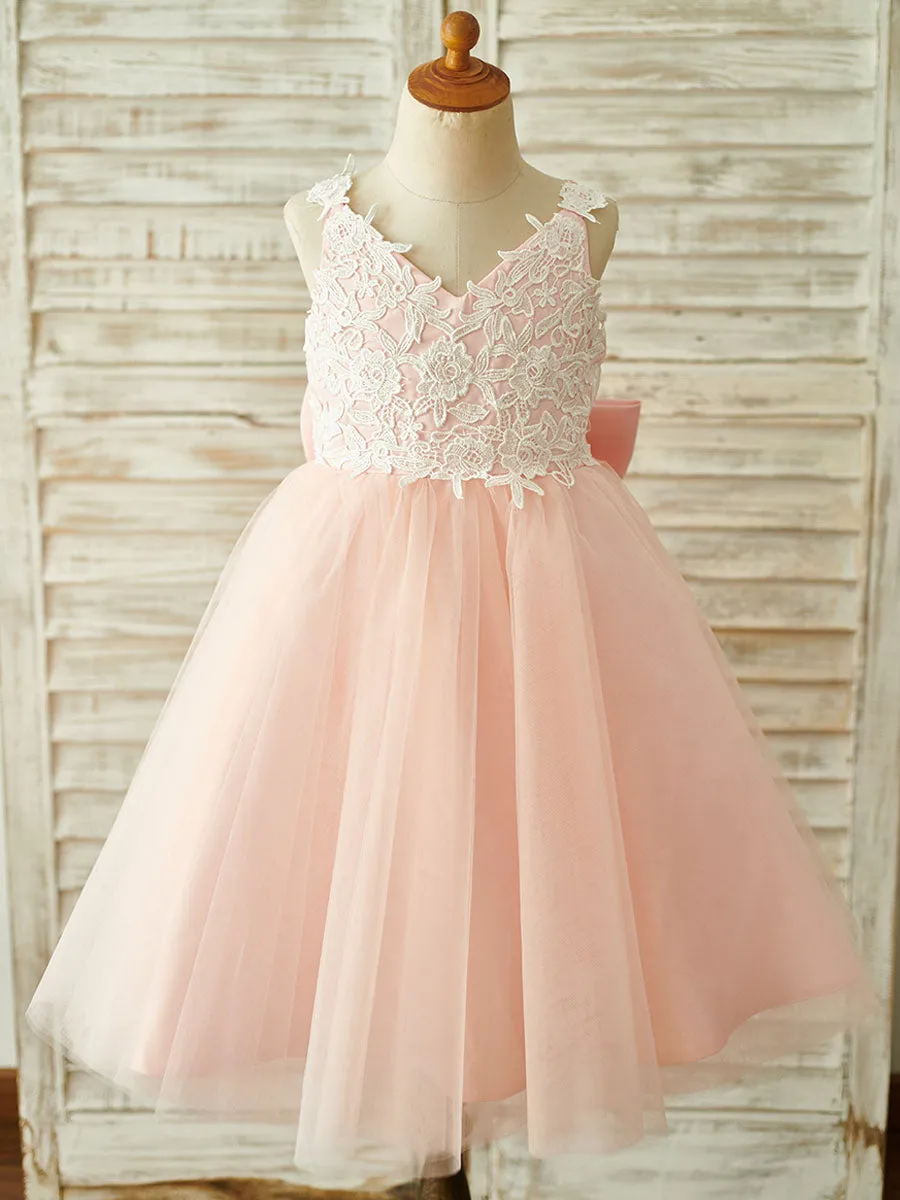 Bows Sleeveless V-Neck Dark Navy Kids Party Dresses