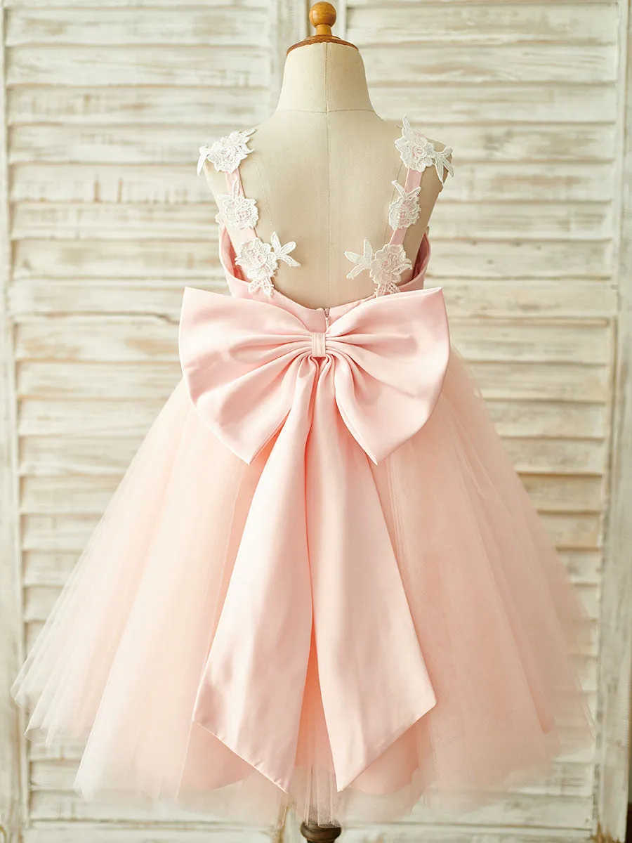 Bows Sleeveless V-Neck Dark Navy Kids Party Dresses
