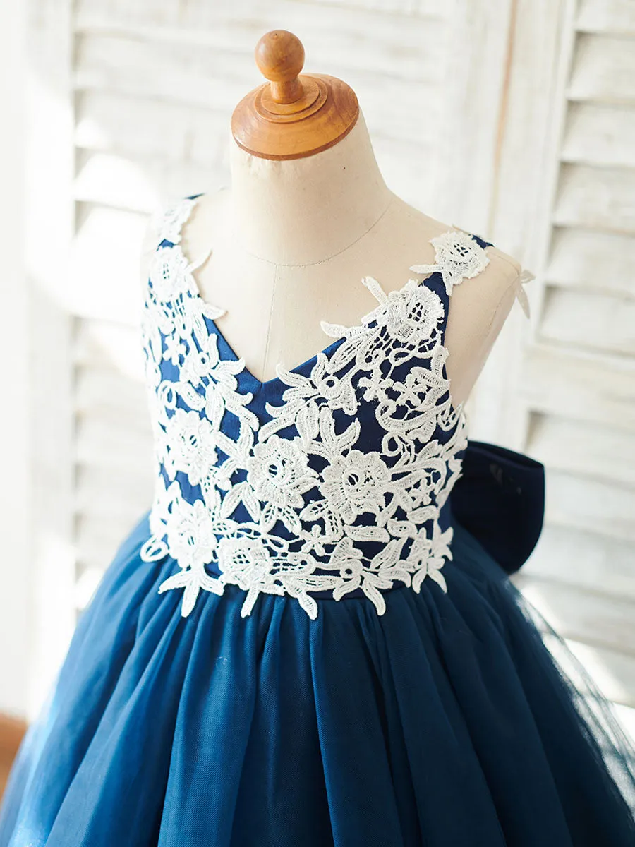 Bows Sleeveless V-Neck Dark Navy Kids Party Dresses