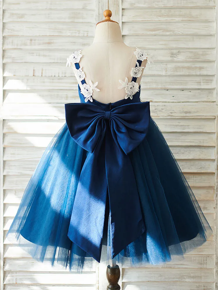 Bows Sleeveless V-Neck Dark Navy Kids Party Dresses