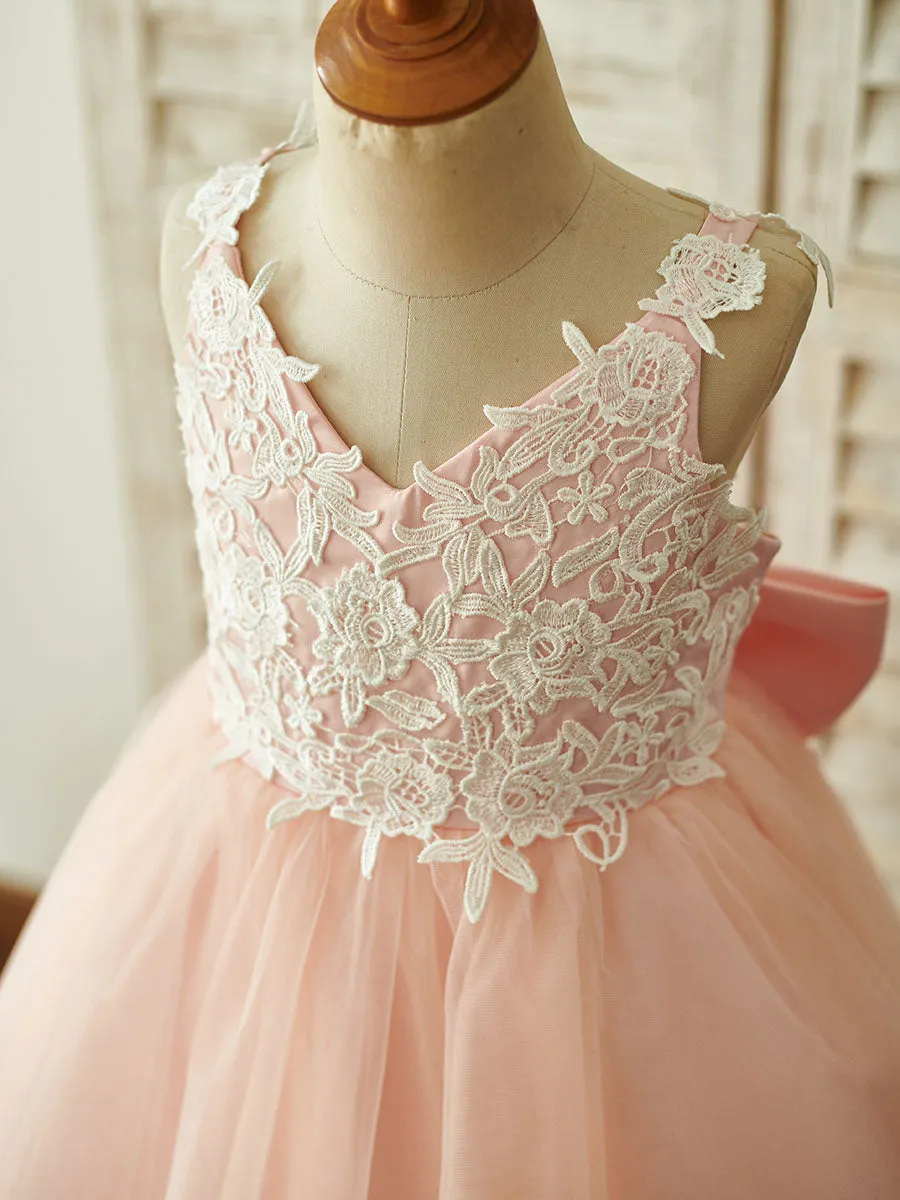 Bows Sleeveless V-Neck Dark Navy Kids Party Dresses