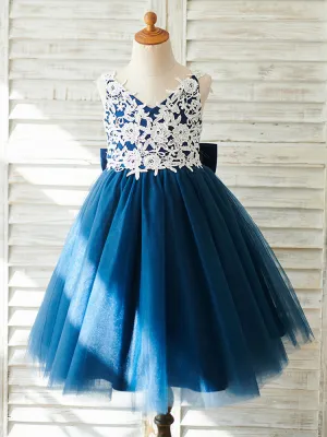 Bows Sleeveless V-Neck Dark Navy Kids Party Dresses
