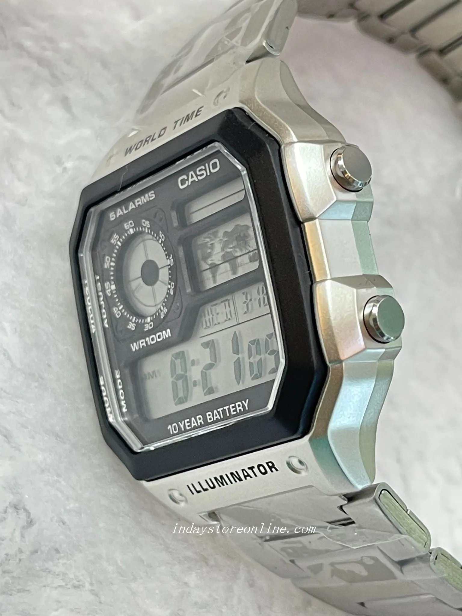 Casio Digital Men's Watch AE-1200WHD-1A  10-Year Battery Life Silver Plated Stainless Steel Band