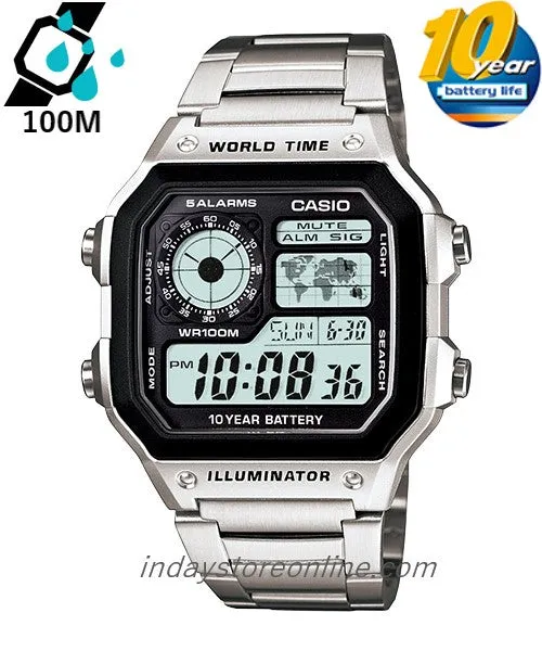 Casio Digital Men's Watch AE-1200WHD-1A  10-Year Battery Life Silver Plated Stainless Steel Band
