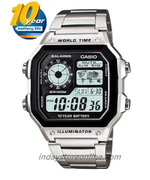 Casio Digital Men's Watch AE-1200WHD-1A  10-Year Battery Life Silver Plated Stainless Steel Band