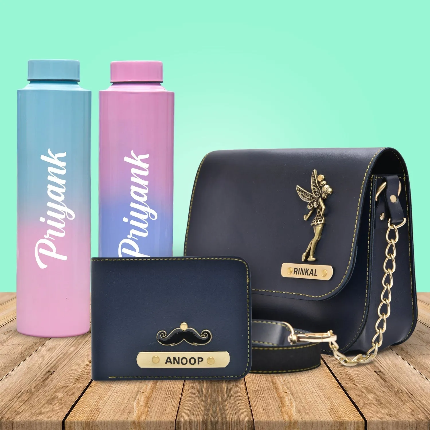 Chained Sling Bag & Men's Wallet & Personalised Couple Rainbow Classic WaterBottle - Royal Blue