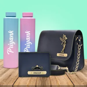 Chained Sling Bag & Men's Wallet & Personalised Couple Rainbow Classic WaterBottle - Royal Blue